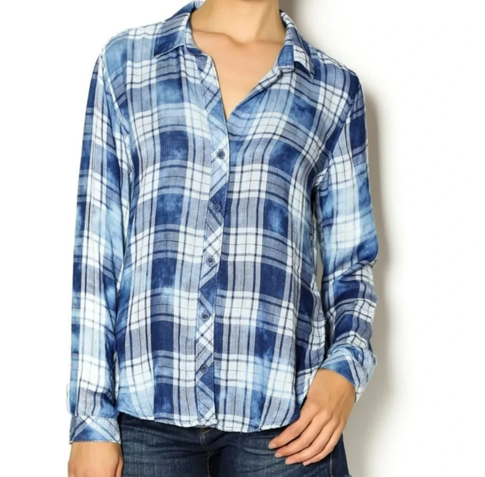 Cloth & Stone Acid Washed Button Up Shirt Size XS Blue Plaid Boho Anthropologie
